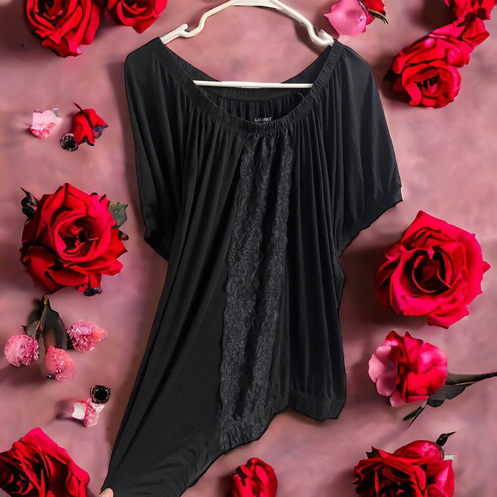 NWT Lane Bryant Size 26/28 Black Shirt Short‎ Sleeve Stretchy Top Lace Rayon
